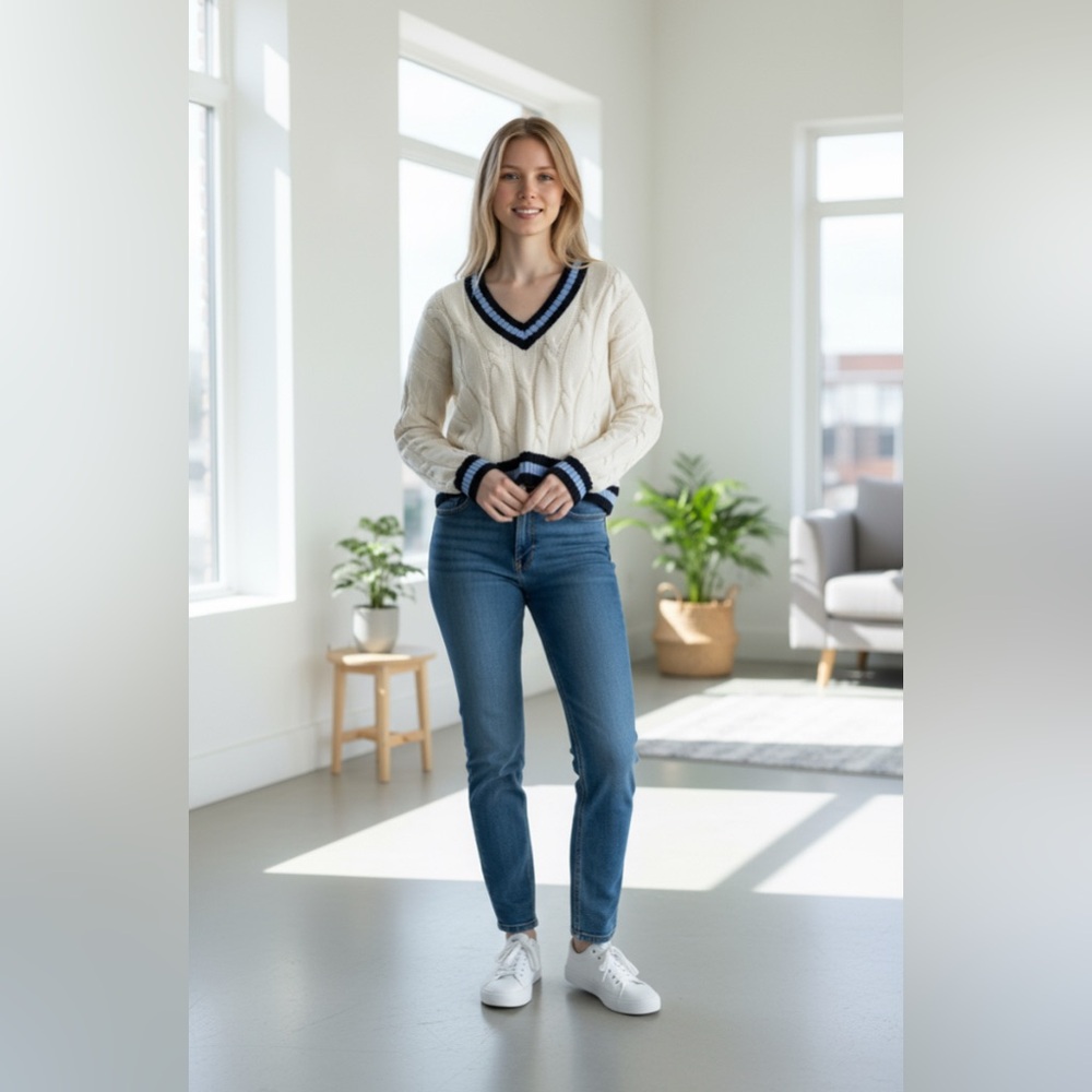Aerie 100% Cotton Oversized V-Neck Sweater with Navy & Light Blue Accents